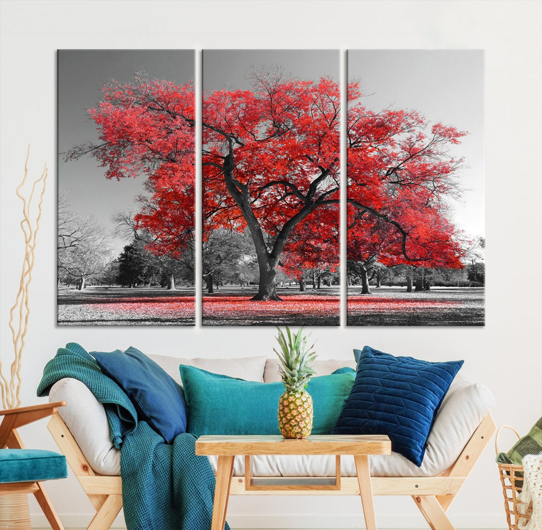 Extra Large Red Autumn Tree Canvas Wall Art Print Autumn Art Black and White Nature Photo Art Tree