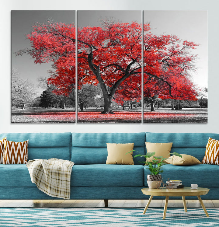 Extra Large Red Autumn Tree Canvas Wall Art Print Autumn Art Black and White Nature Photo Art Tree