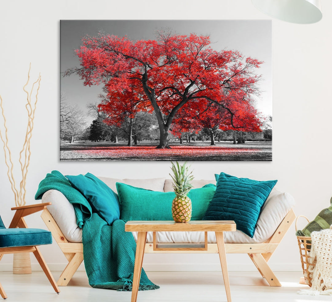 Extra Large Red Autumn Tree Canvas Wall Art Print Autumn Art Black and White Nature Photo Art Tree