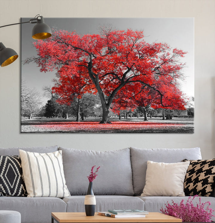 Extra Large Red Autumn Tree Canvas Wall Art Print Autumn Art Black and White Nature Photo Art Tree