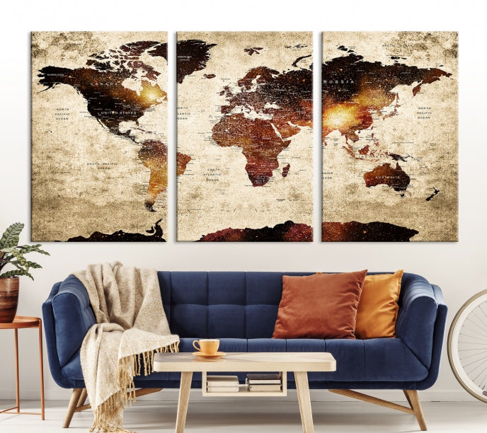 Extra Large Travel Map Push Pin World Map Wall Art Canvas Print