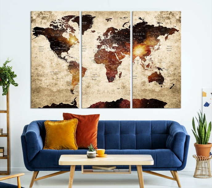 Extra Large Travel Map Push Pin World Map Wall Art Canvas Print