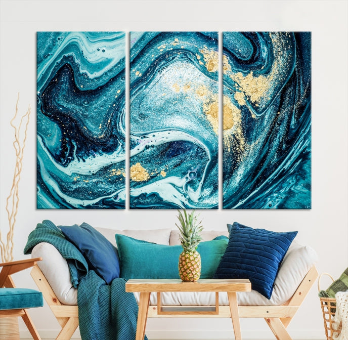 Extra Large Turquoise Gold Marble Abstract Painting Canvas Wall Art Giclee Print