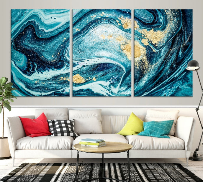 Extra Large Turquoise Gold Marble Abstract Painting Canvas Wall Art Giclee Print