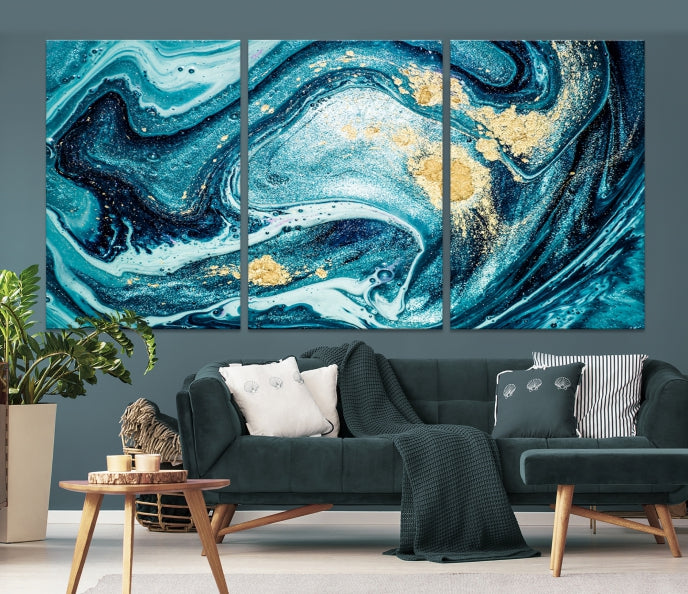 Extra Large Turquoise Gold Marble Abstract Painting Canvas Wall Art Giclee Print