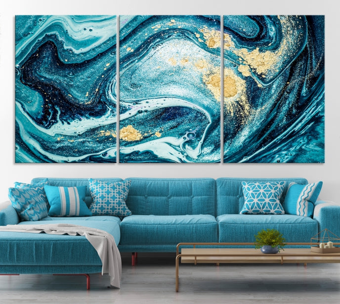 Extra Large Turquoise Gold Marble Abstract Painting Canvas Wall Art Giclee Print