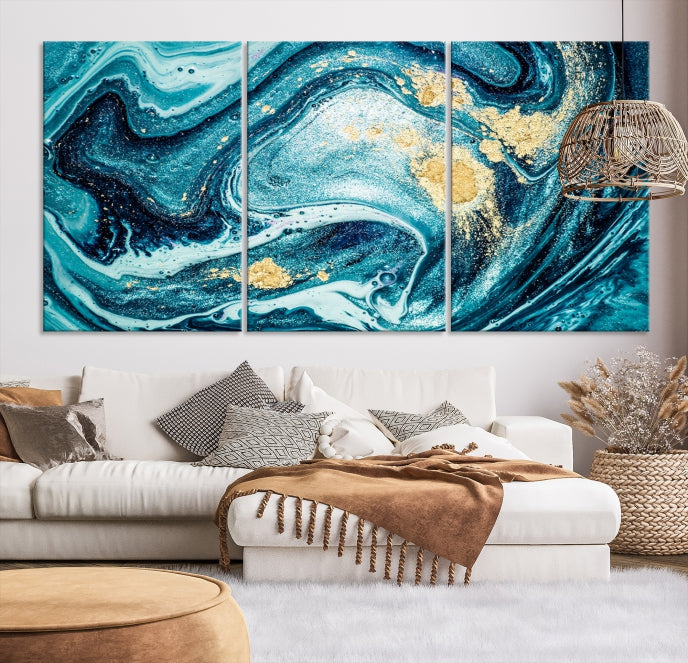 Extra Large Turquoise Gold Marble Abstract Painting Canvas Wall Art Giclee Print