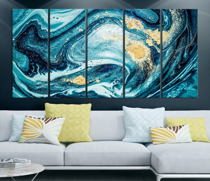 Extra Large Turquoise Gold Marble Abstract Painting Canvas Wall Art Giclee Print