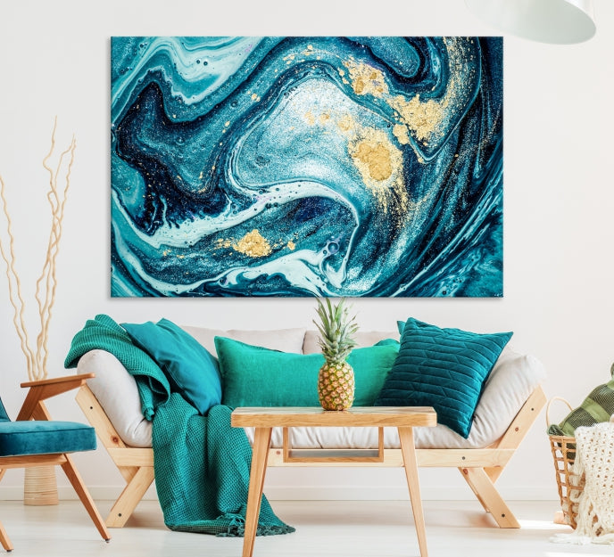 Extra Large Turquoise Gold Marble Abstract Painting Canvas Wall Art Giclee Print