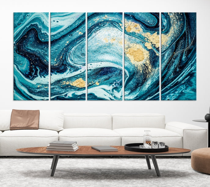 Extra Large Turquoise Gold Marble Abstract Painting Canvas Wall Art Giclee Print