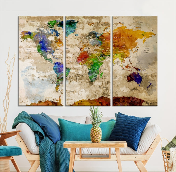 Extra Large Watercolor Detailed Push Pin World Map Canvas Wall Art Print Traveler Gift