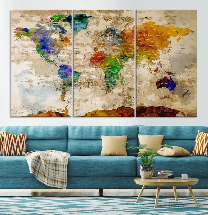 Extra Large Watercolor Detailed Push Pin World Map Canvas Wall Art Print Traveler Gift