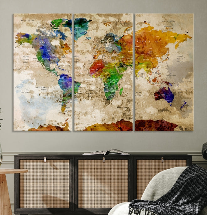 Extra Large Watercolor Detailed Push Pin World Map Canvas Wall Art Print Traveler Gift