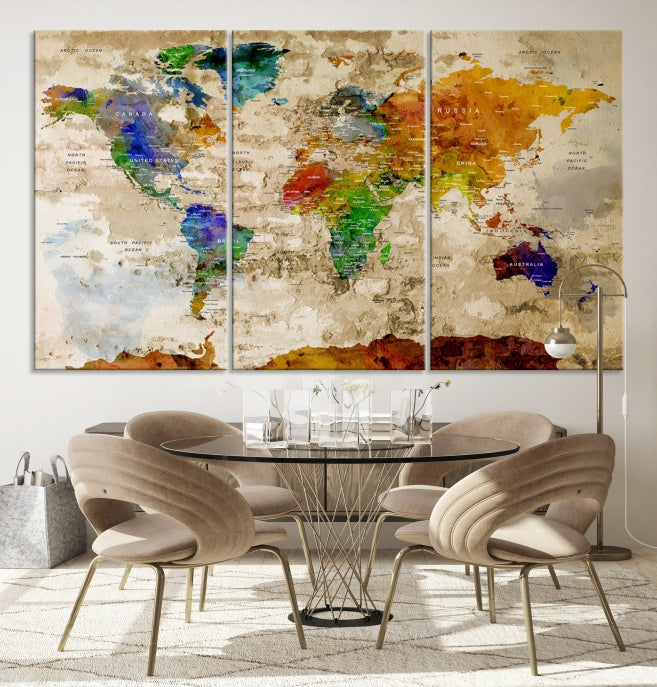 Extra Large Watercolor Detailed Push Pin World Map Canvas Wall Art Print Traveler Gift