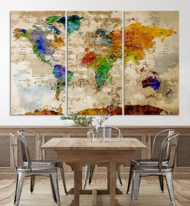 Extra Large Watercolor Detailed Push Pin World Map Canvas Wall Art Print Traveler Gift