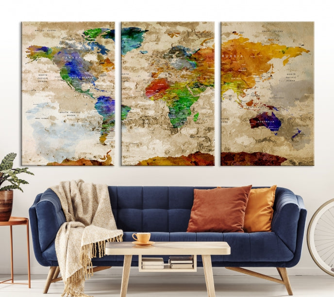 Extra Large Watercolor Detailed Push Pin World Map Canvas Wall Art Print Traveler Gift