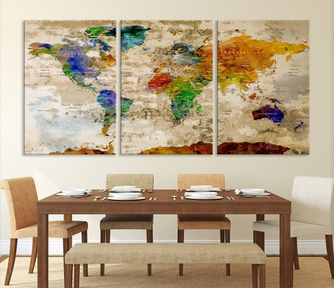 Extra Large Watercolor Detailed Push Pin World Map Canvas Wall Art Print Traveler Gift