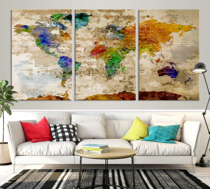 Extra Large Watercolor Detailed Push Pin World Map Canvas Wall Art Print Traveler Gift