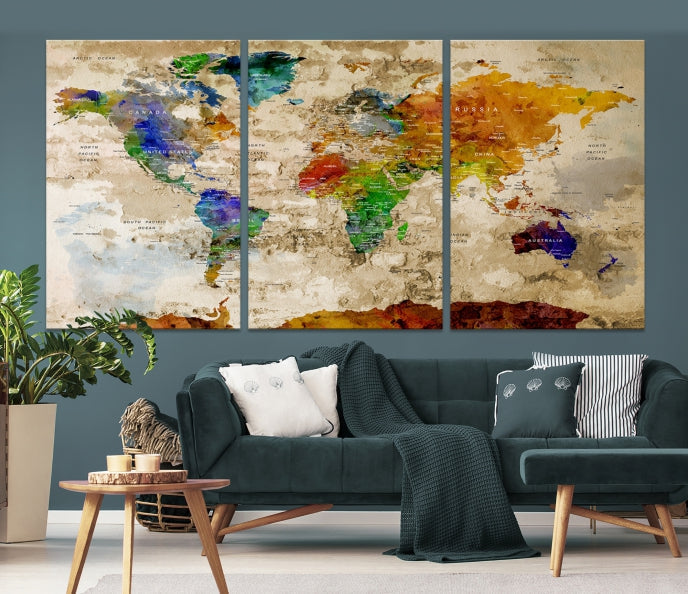 Extra Large Watercolor Detailed Push Pin World Map Canvas Wall Art Print Traveler Gift