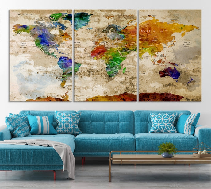 Extra Large Watercolor Detailed Push Pin World Map Canvas Wall Art Print Traveler Gift