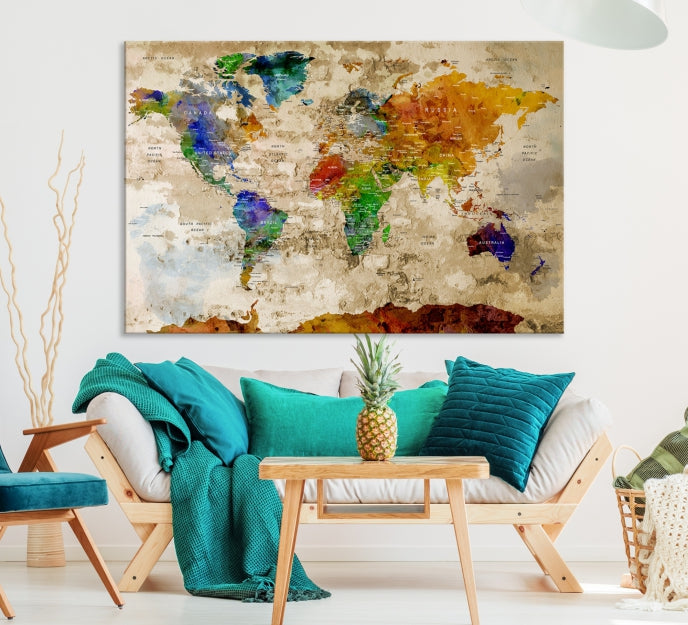 Extra Large Watercolor Detailed Push Pin World Map Canvas Wall Art Print Traveler Gift