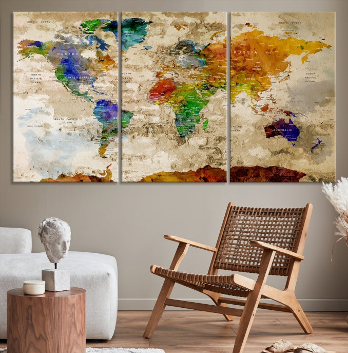 Extra Large Watercolor Detailed Push Pin World Map Canvas Wall Art Print Traveler Gift