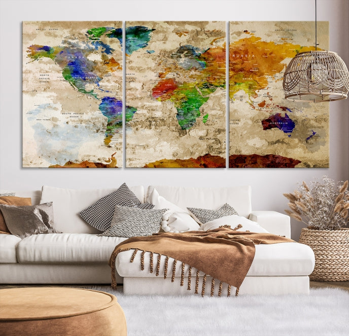 Extra Large Watercolor Detailed Push Pin World Map Canvas Wall Art Print Traveler Gift