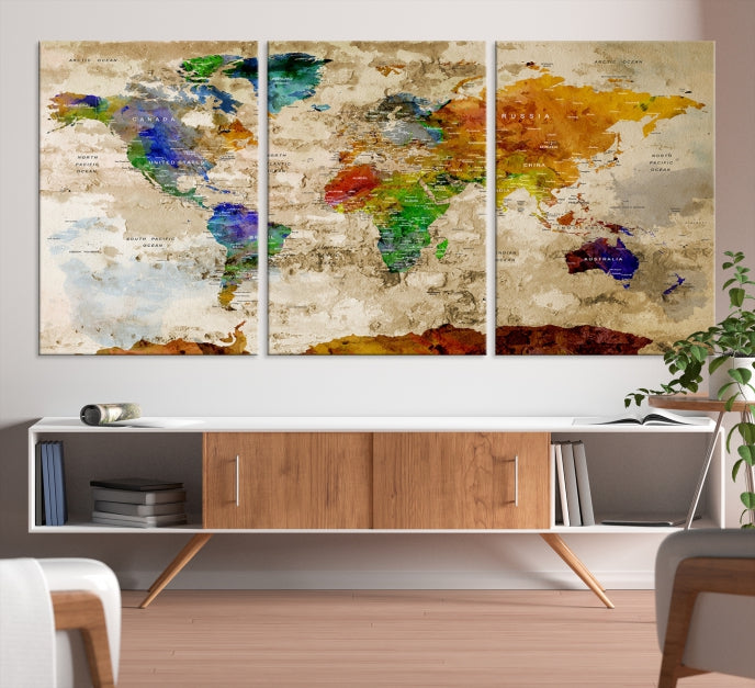 Extra Large Watercolor Detailed Push Pin World Map Canvas Wall Art Print Traveler Gift