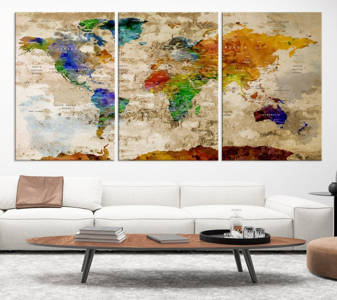 Extra Large Watercolor Detailed Push Pin World Map Canvas Wall Art Print Traveler Gift