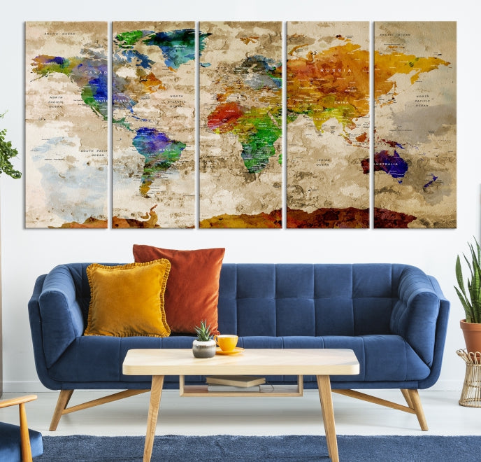 Extra Large Watercolor Detailed Push Pin World Map Canvas Wall Art Print Traveler Gift