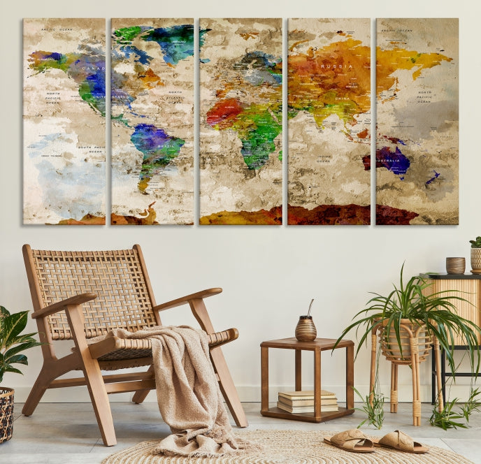 Extra Large Watercolor Detailed Push Pin World Map Canvas Wall Art Print Traveler Gift