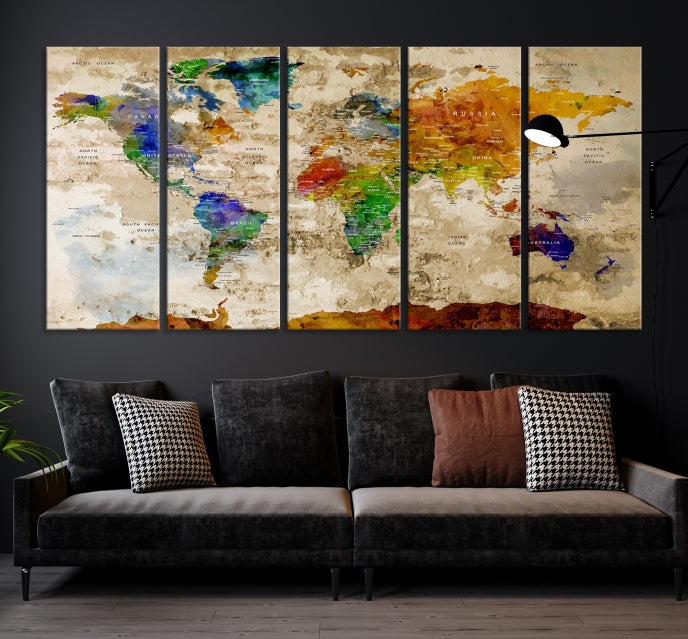 Extra Large Watercolor Detailed Push Pin World Map Canvas Wall Art Print Traveler Gift