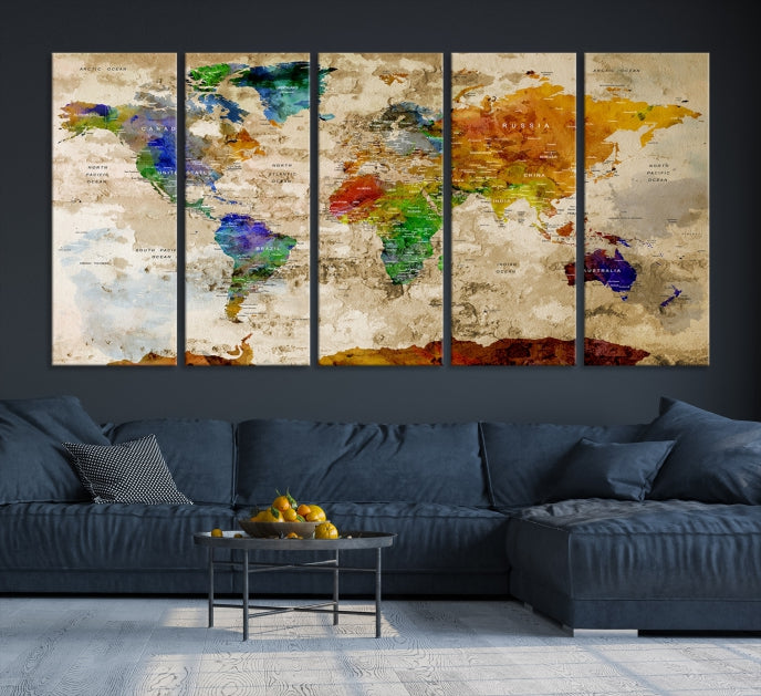 Extra Large Watercolor Detailed Push Pin World Map Canvas Wall Art Print Traveler Gift