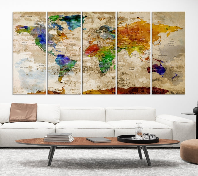 Extra Large Watercolor Detailed Push Pin World Map Canvas Wall Art Print Traveler Gift