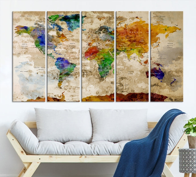 Extra Large Watercolor Detailed Push Pin World Map Canvas Wall Art Print Traveler Gift