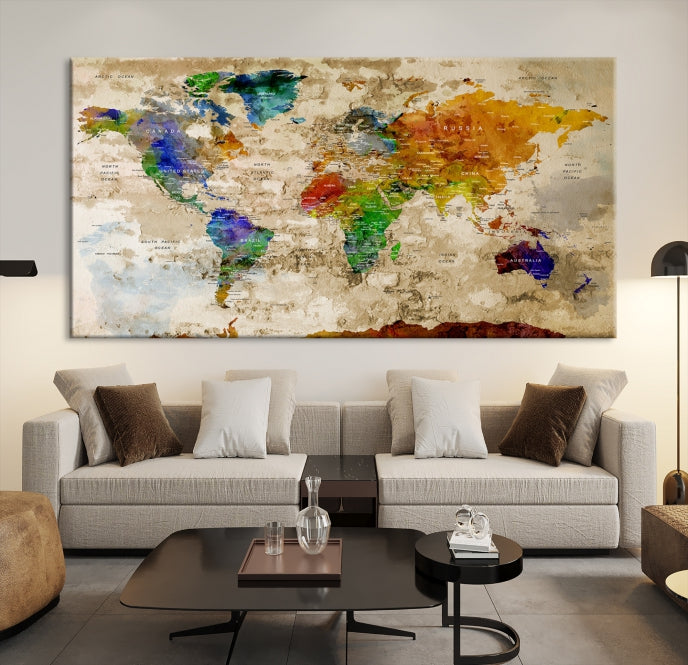 Extra Large Watercolor Detailed Push Pin World Map Canvas Wall Art Print Traveler Gift