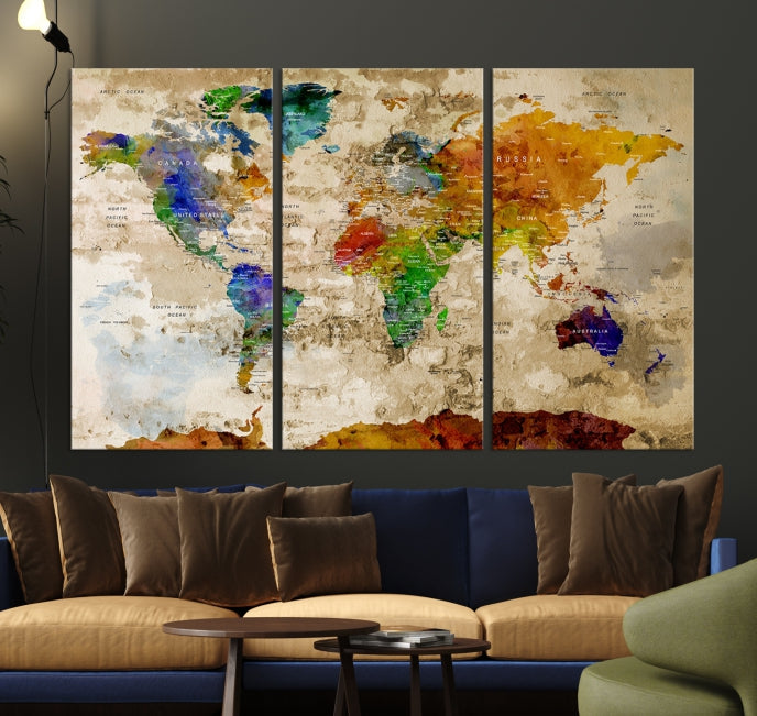 Extra Large Watercolor Detailed Push Pin World Map Canvas Wall Art Print Traveler Gift