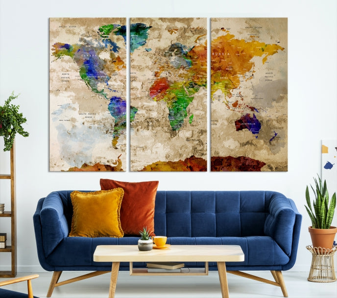 Extra Large Watercolor Detailed Push Pin World Map Canvas Wall Art Print Traveler Gift