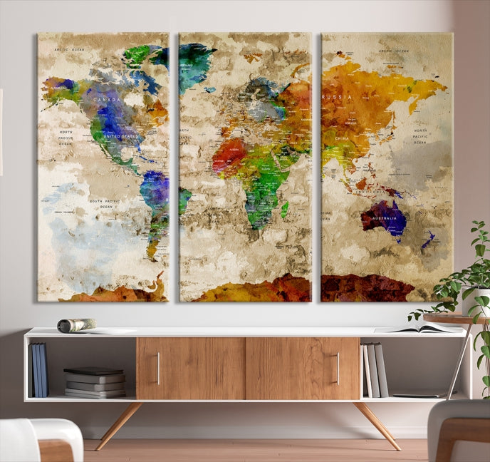 Extra Large Watercolor Detailed Push Pin World Map Canvas Wall Art Print Traveler Gift