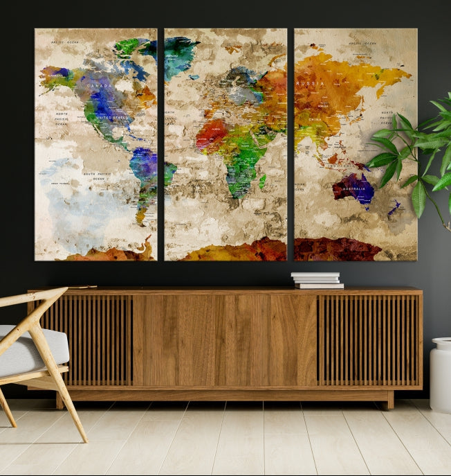 Extra Large Watercolor Detailed Push Pin World Map Canvas Wall Art Print Traveler Gift