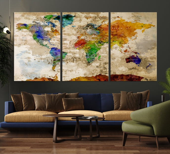 Extra Large Watercolor Detailed Push Pin World Map Canvas Wall Art Print Traveler Gift