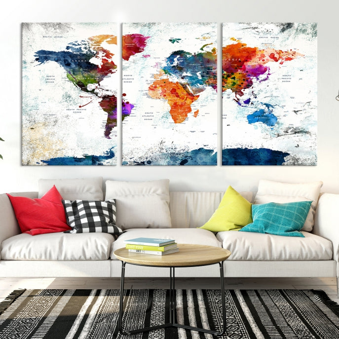 Extra Large Watercolor Detailed Push Pin World Map Poster Print Canvas Wall Art