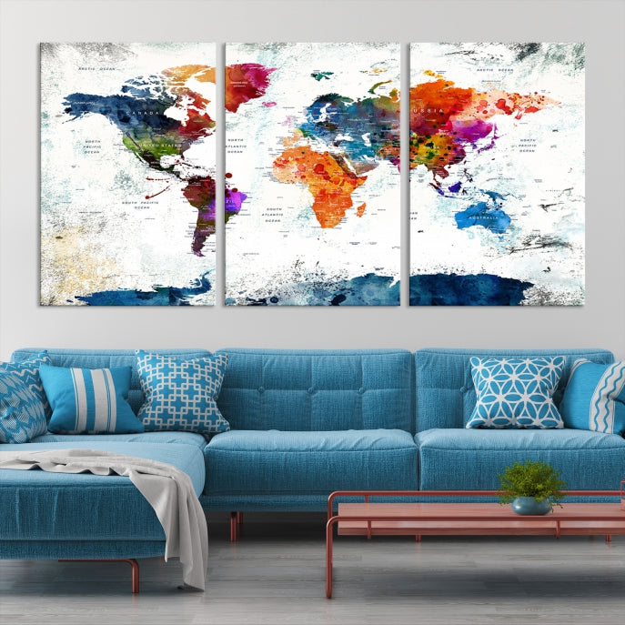 Extra Large Watercolor Detailed Push Pin World Map Poster Print Canvas Wall Art