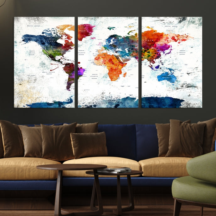 Extra Large Watercolor Detailed Push Pin World Map Poster Print Canvas Wall Art