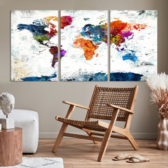 Extra Large Watercolor Detailed Push Pin World Map Poster Print Canvas Wall Art