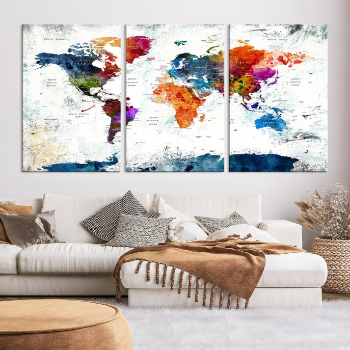 Extra Large Watercolor Detailed Push Pin World Map Poster Print Canvas Wall Art