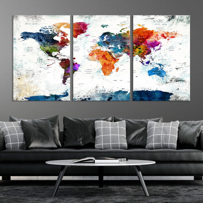 Extra Large Watercolor Detailed Push Pin World Map Poster Print Canvas Wall Art