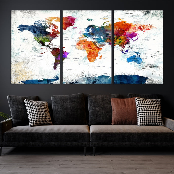 Extra Large Watercolor Detailed Push Pin World Map Poster Print Canvas Wall Art