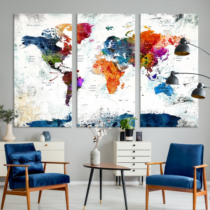 Extra Large Watercolor Detailed Push Pin World Map Poster Print Canvas Wall Art