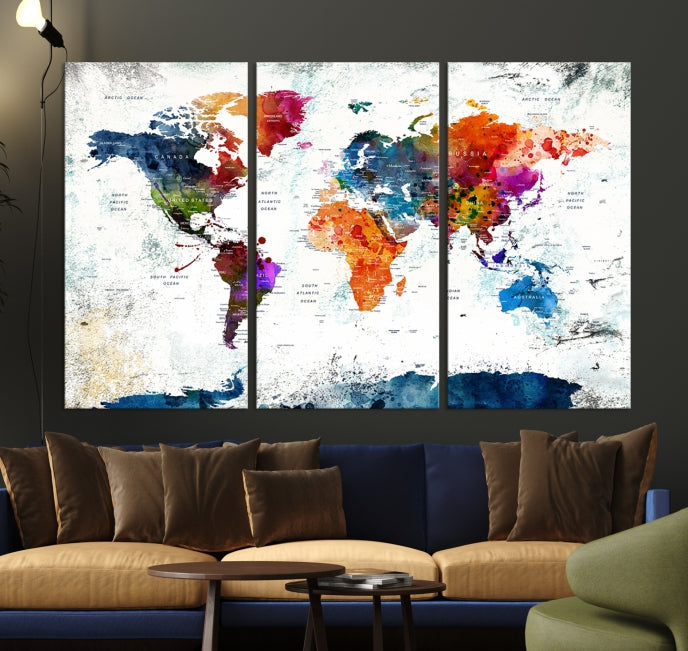 Extra Large Watercolor Detailed Push Pin World Map Poster Print Canvas Wall Art